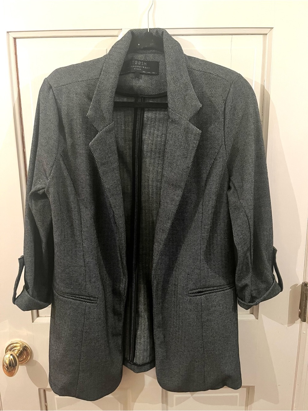 Women’s Large Stoosh Charcoal Gray Herringbone Open Blazer